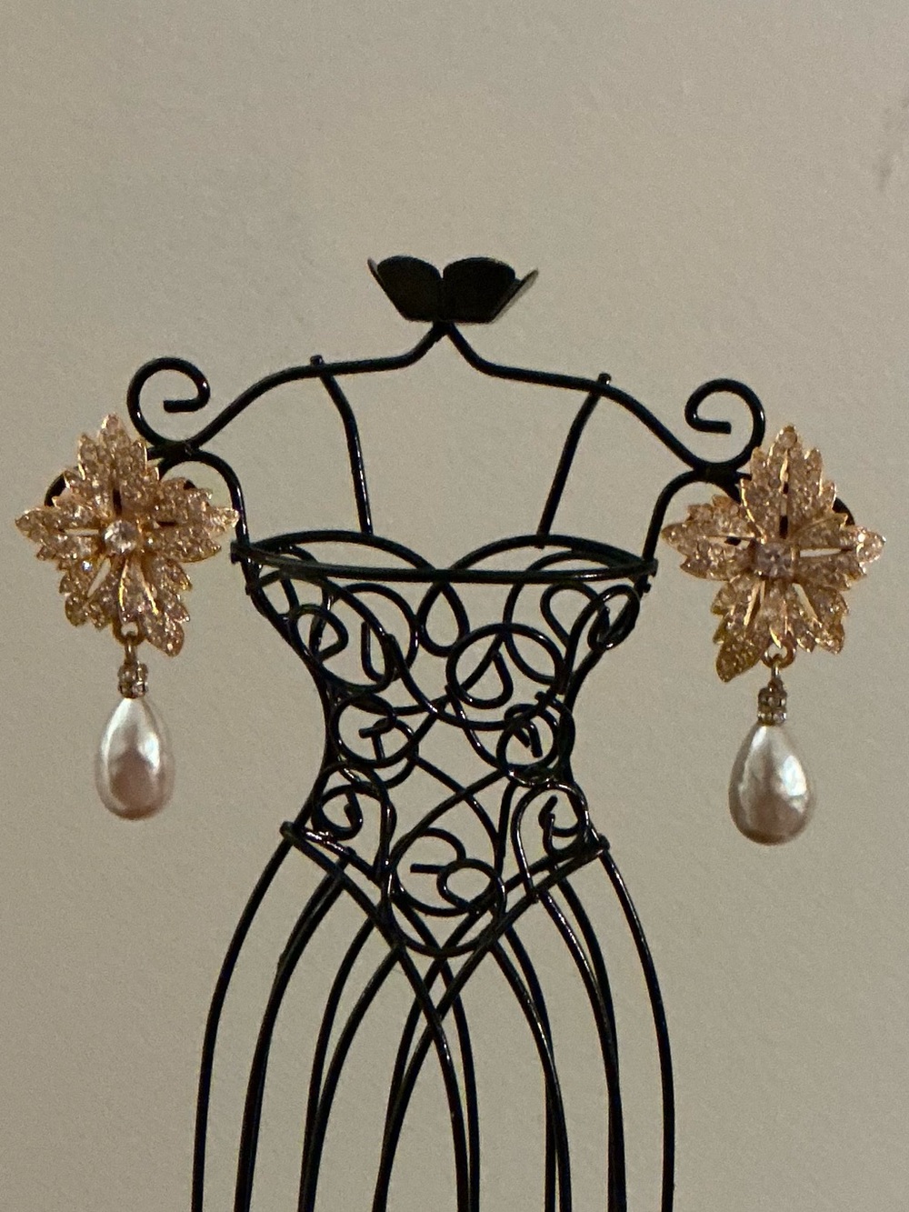 Escada Gold Floral Pearl Drop Earrings with Crystal Accents